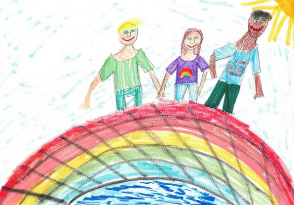 bunt, kinderzeichnung, bild, regenbogen, familie Zeichnung eines Kindes